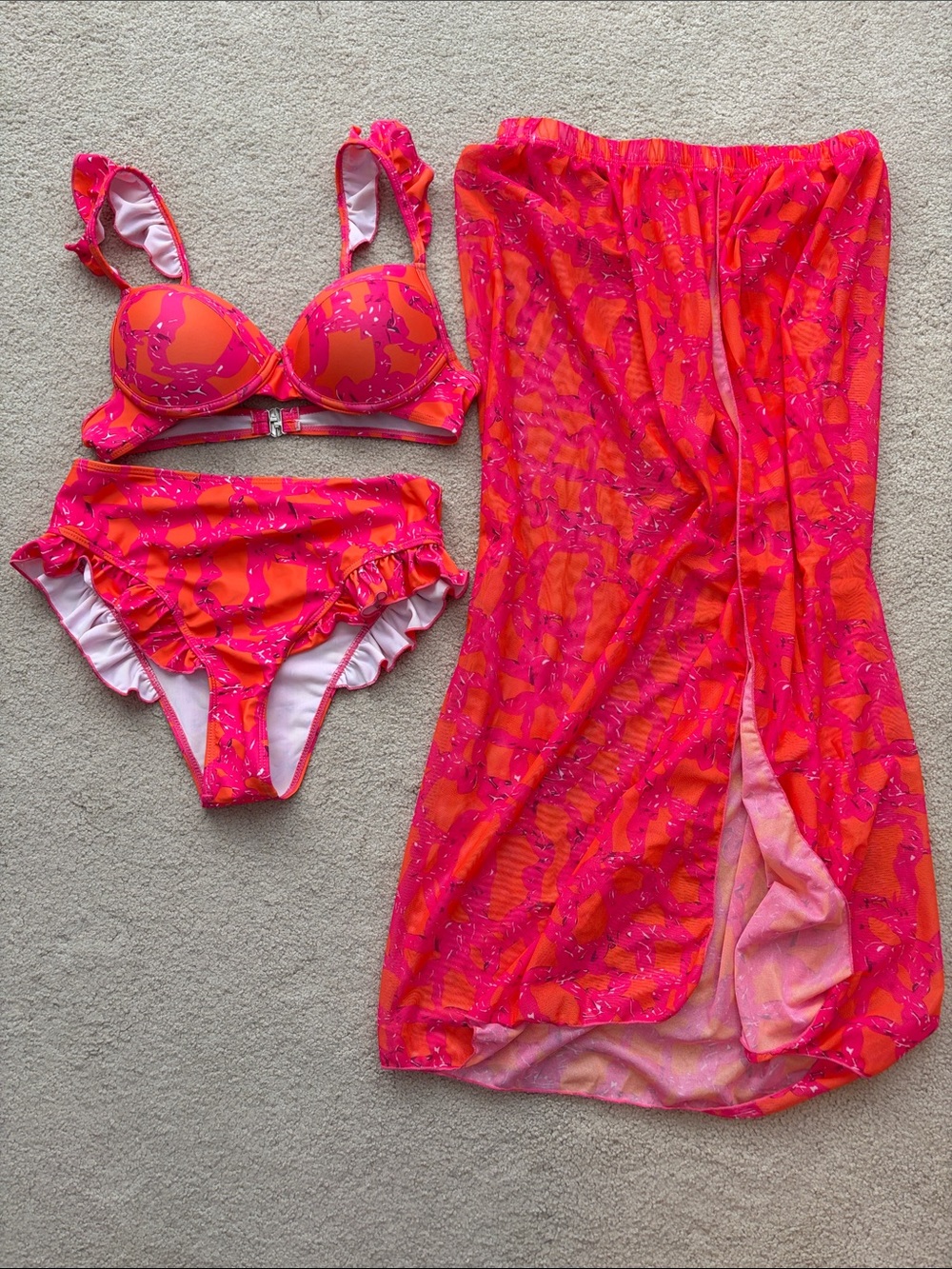 Women’s Hot Pink & Orange Ruffled Bikini Set with Matching Cover-Up in medium.